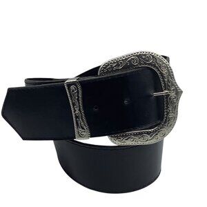 Vtg Black Western Style Belt Ornate Silver Buckle 25-29” Waist 2"‎ Wide